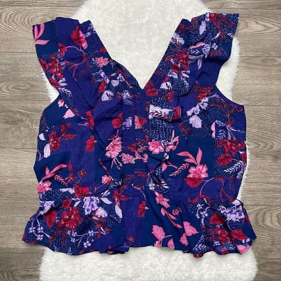 Sofia Vergara Top Womens XXL Blue Pink Floral Sleeveless Ruffle Blouse - Picture 4 of 12